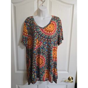 Awuliffan Womens XXL Multicolor Mandala Print V-Neck Short Sleeve Tunic Top/0556